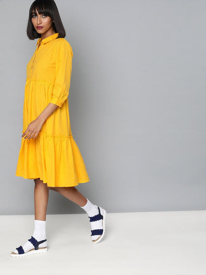 Women's Yellow Front Open Tiered Dress