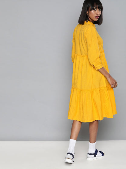 Women's Yellow Front Open Tiered Dress