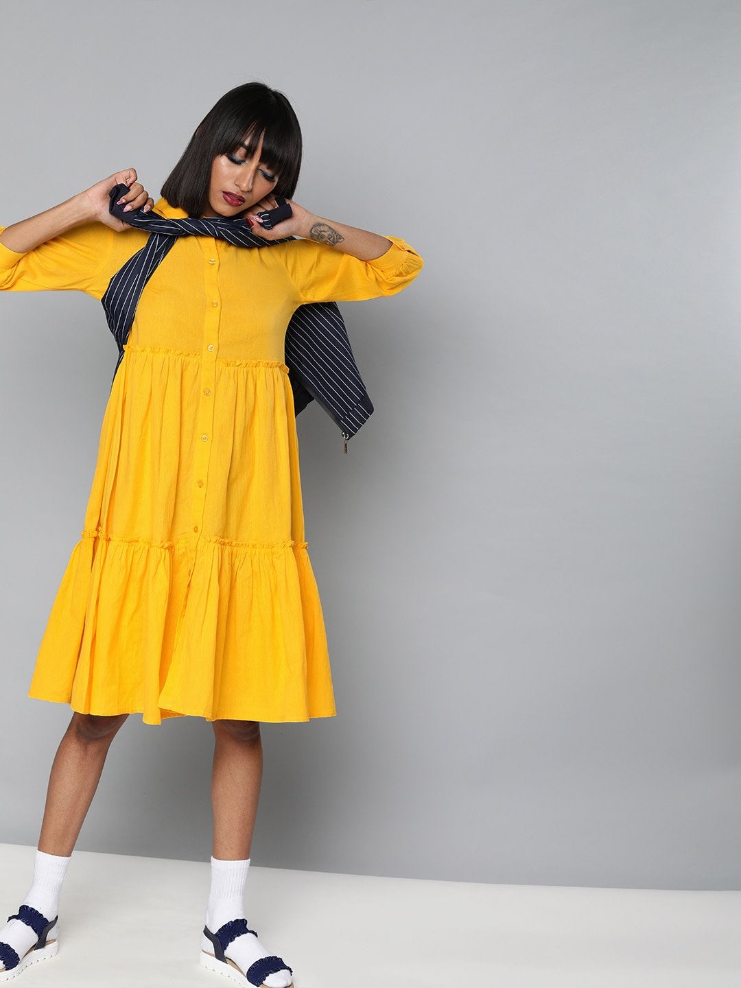 Women's Yellow Front Open Tiered Dress