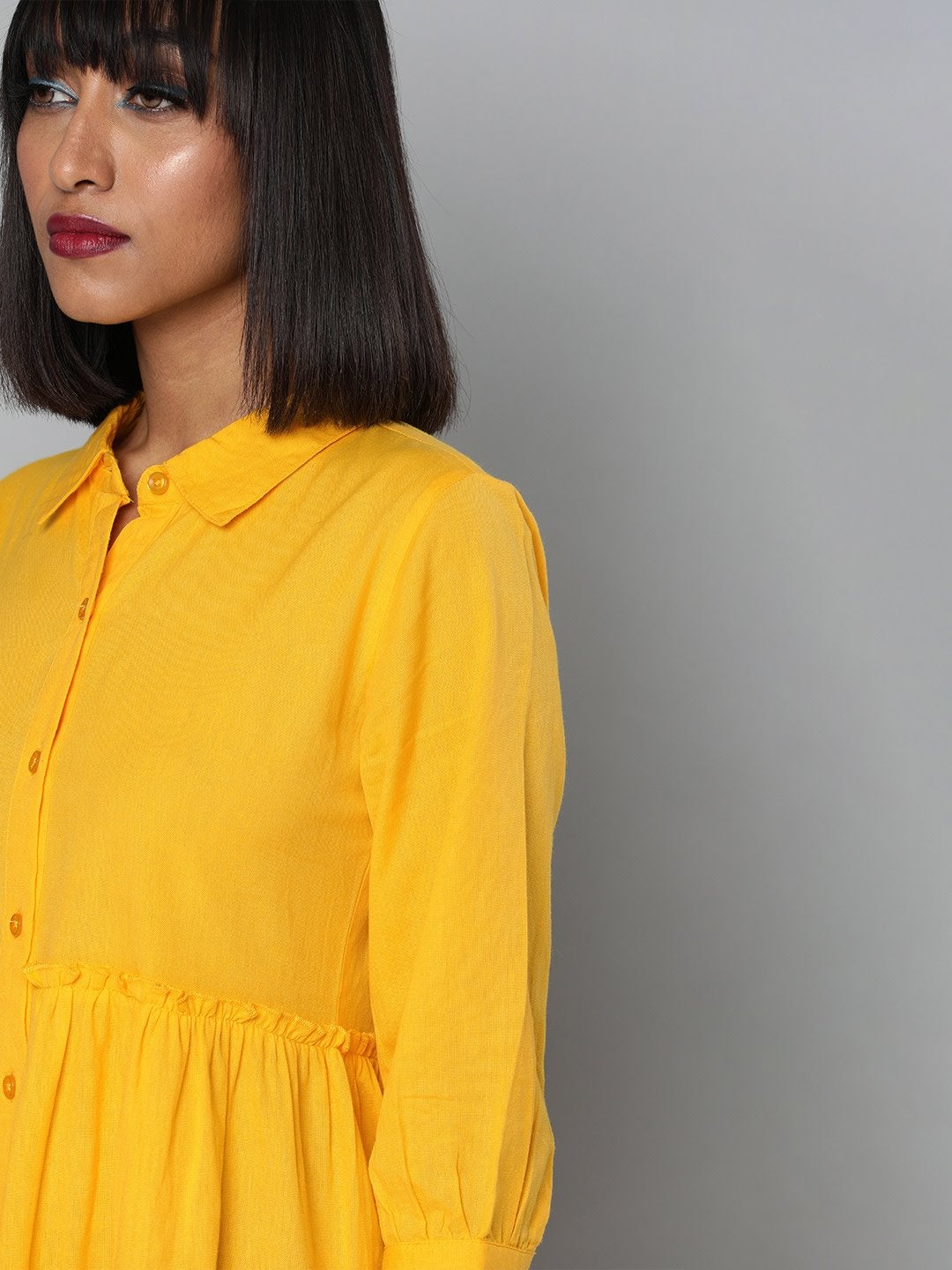 Women's Yellow Front Open Tiered Dress