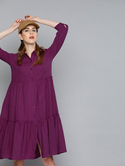 Women's Purple Front Open Tiered Dress