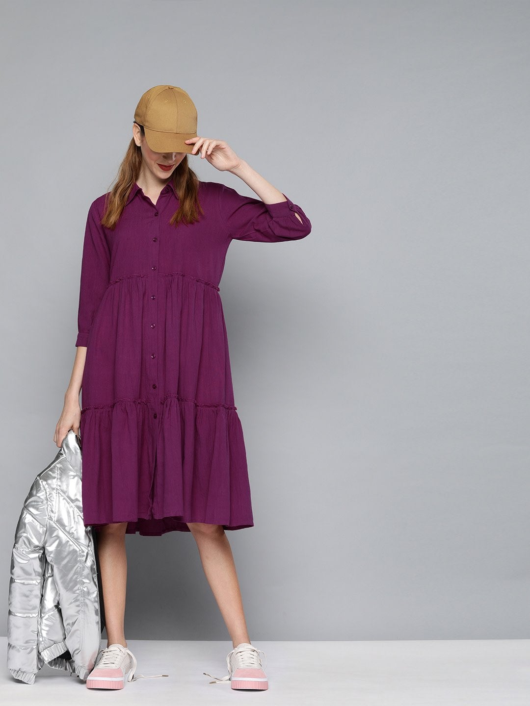 Women's Purple Front Open Tiered Dress