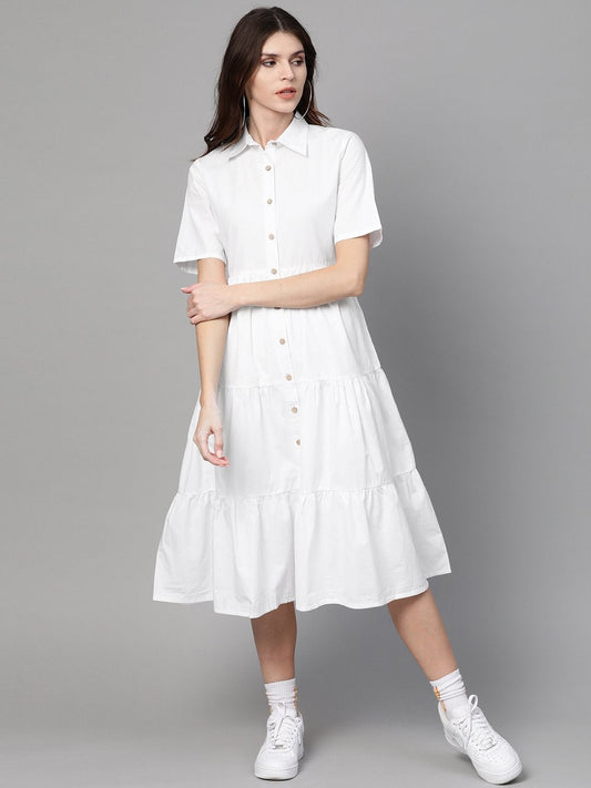 Women's White Tiered Shirt Dress