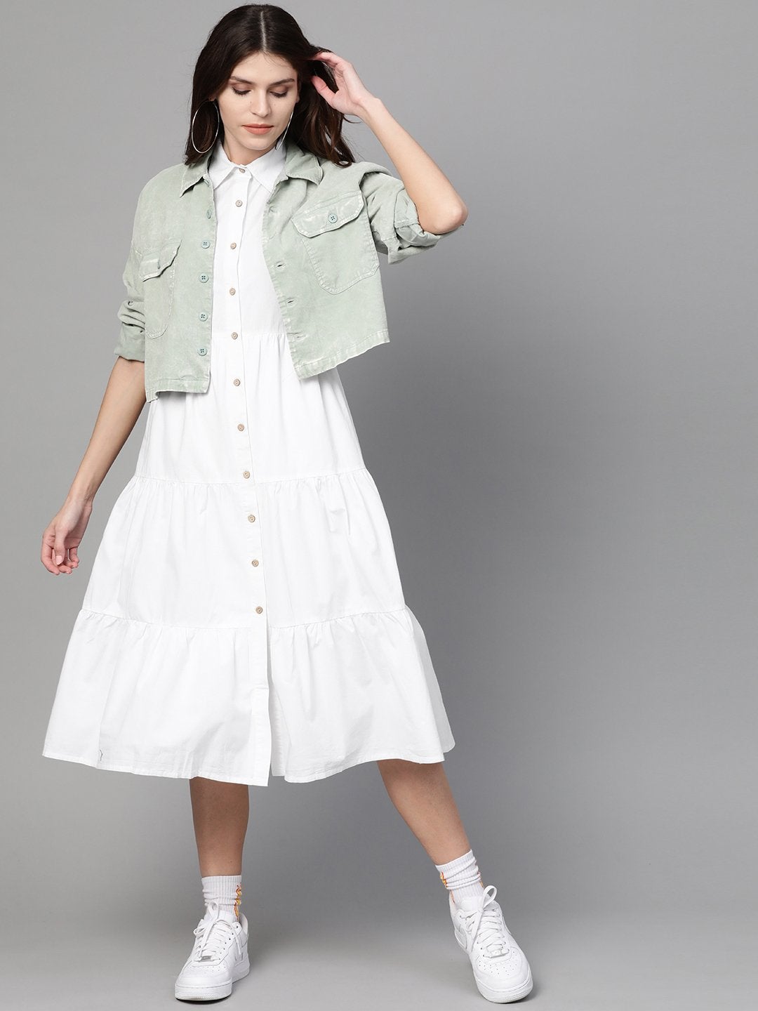 Women's White Tiered Shirt Dress