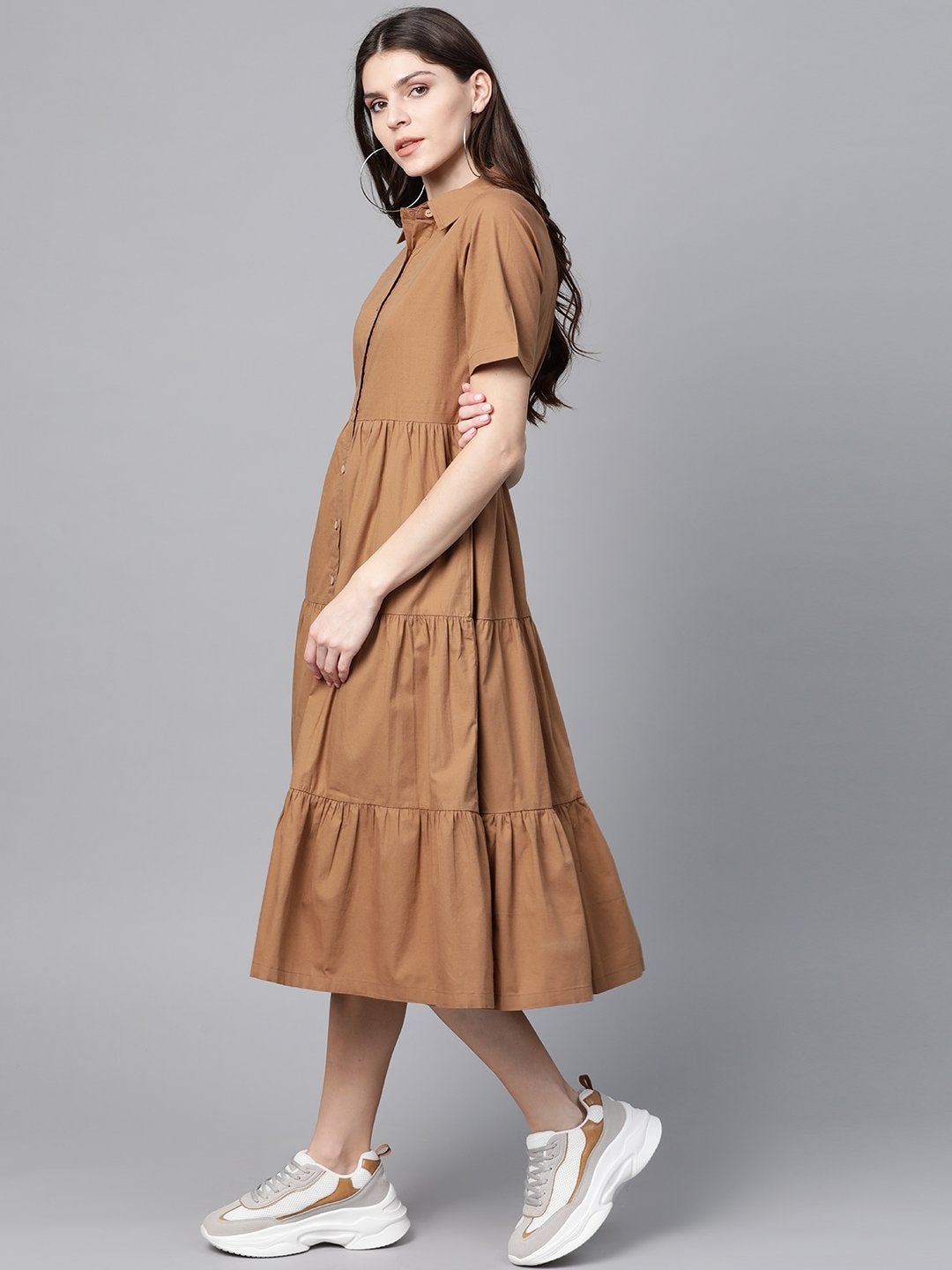 Women's Brown Tiered Shirt Dress