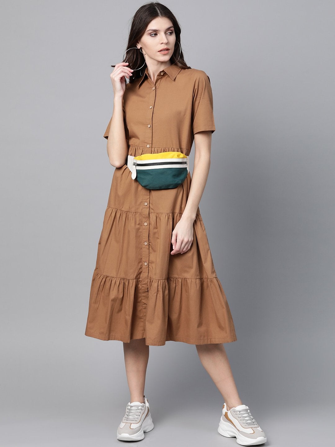 Women's Brown Tiered Shirt Dress