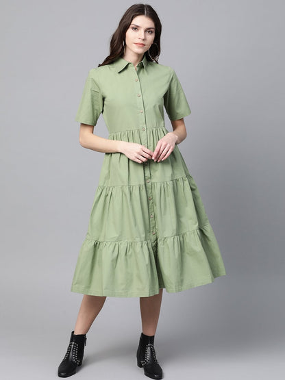 Women's Olive Tiered Shirt Dress
