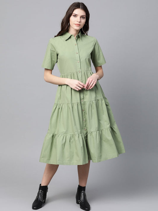 Women's Olive Tiered Shirt Dress