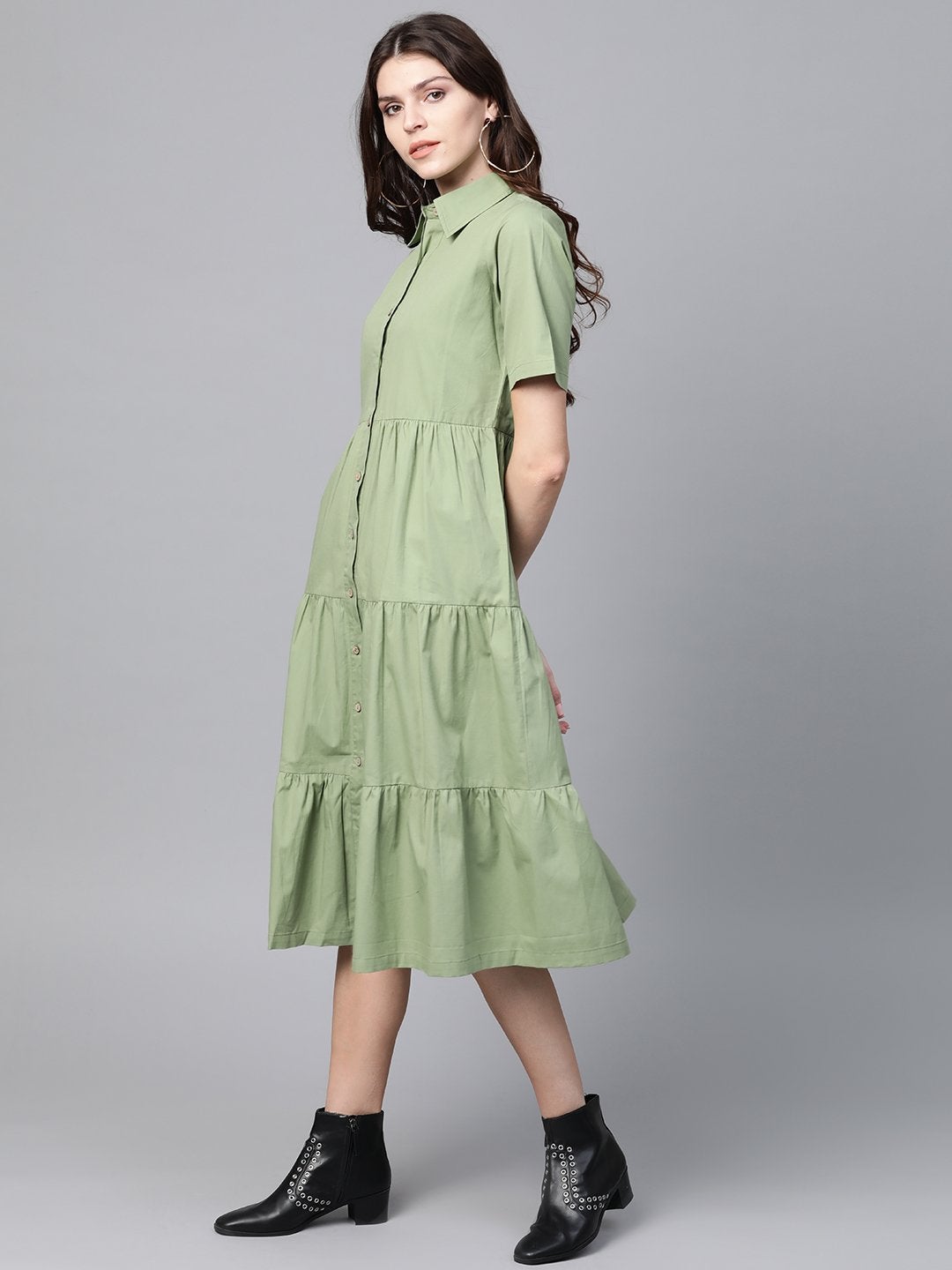 Women's Olive Tiered Shirt Dress