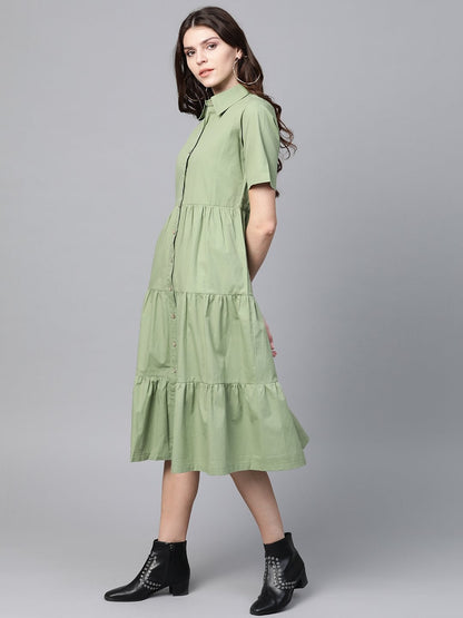 Women's Olive Tiered Shirt Dress