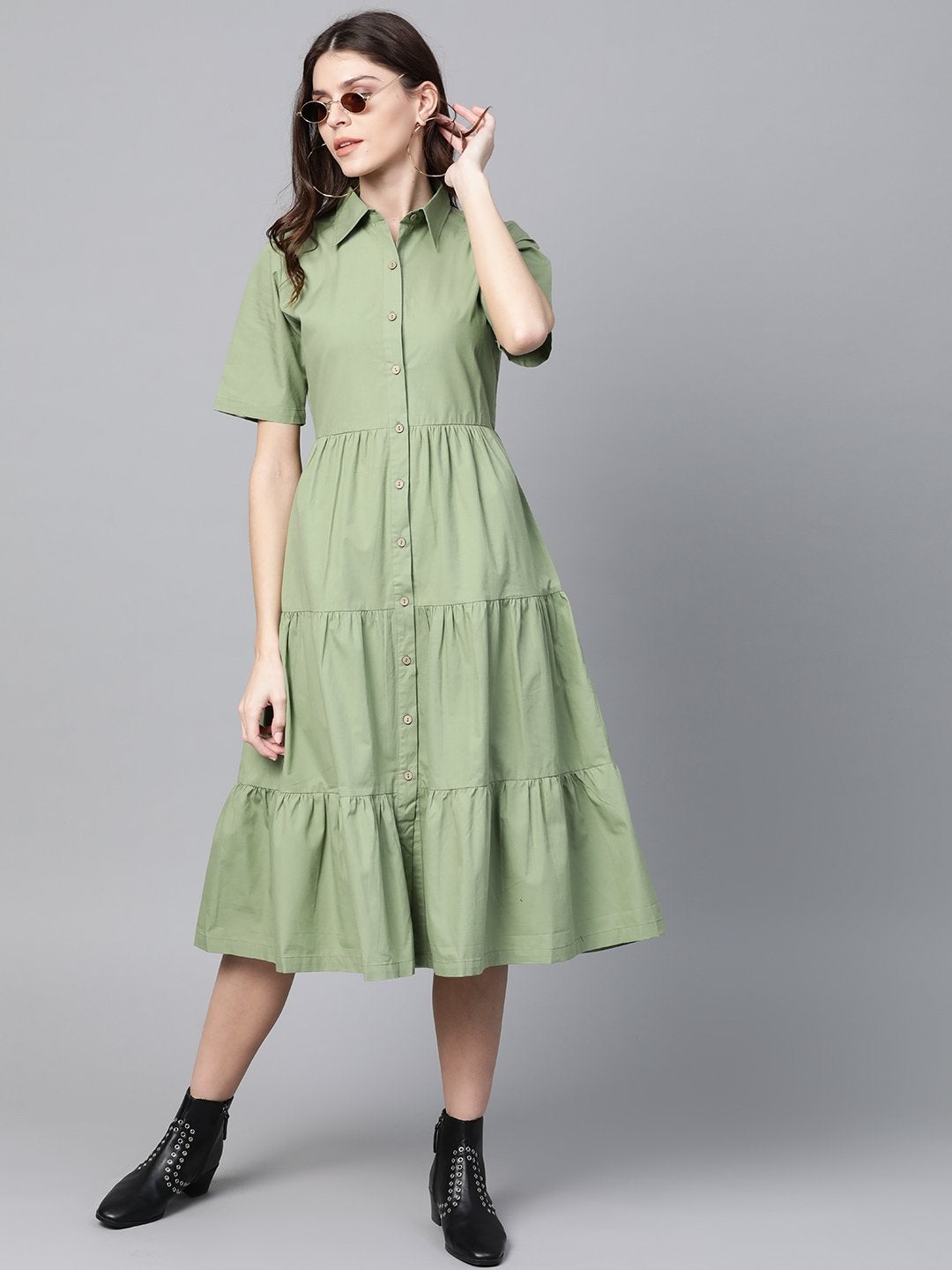Women's Olive Tiered Shirt Dress