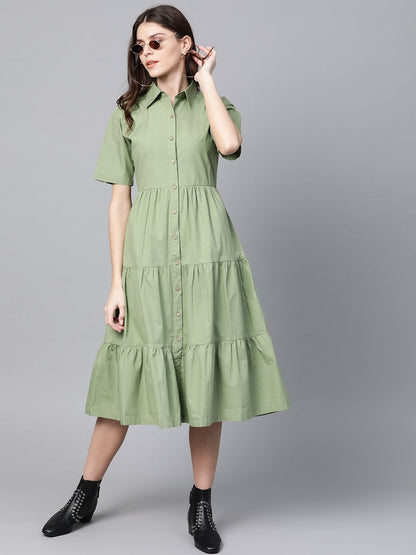 Women's Olive Tiered Shirt Dress