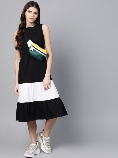 Women's Black & White Sleeveless Tiered Dress