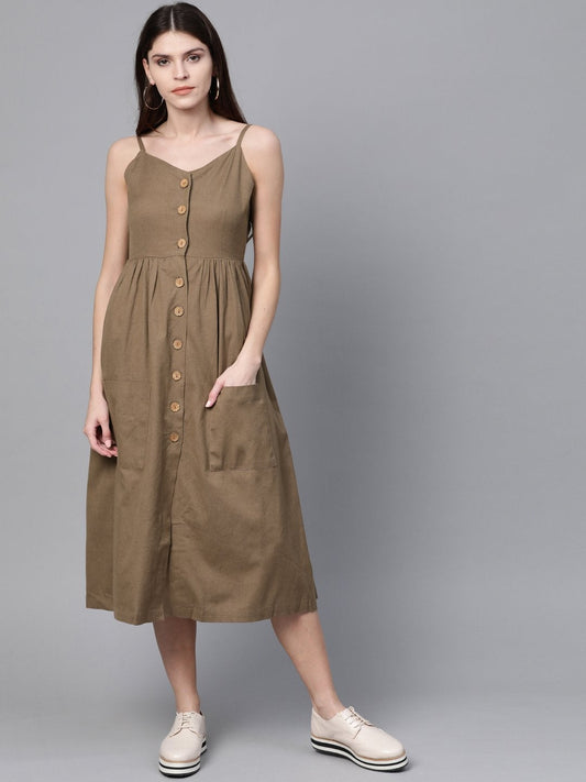 Women's Brown Button Strappy Midi