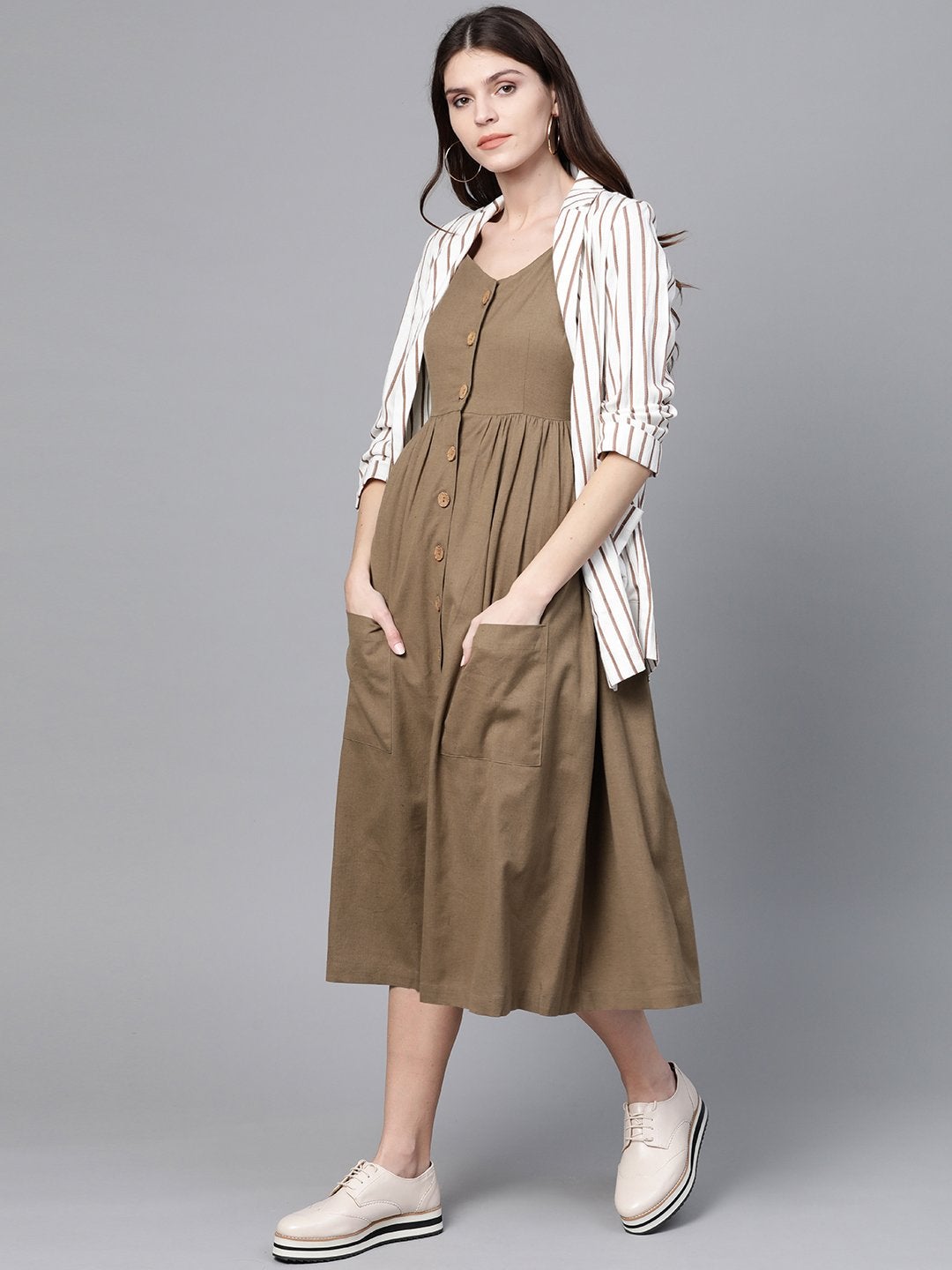 Women's Brown Button Strappy Midi