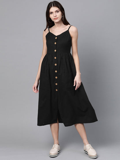 Women's Black Button Strappy Midi