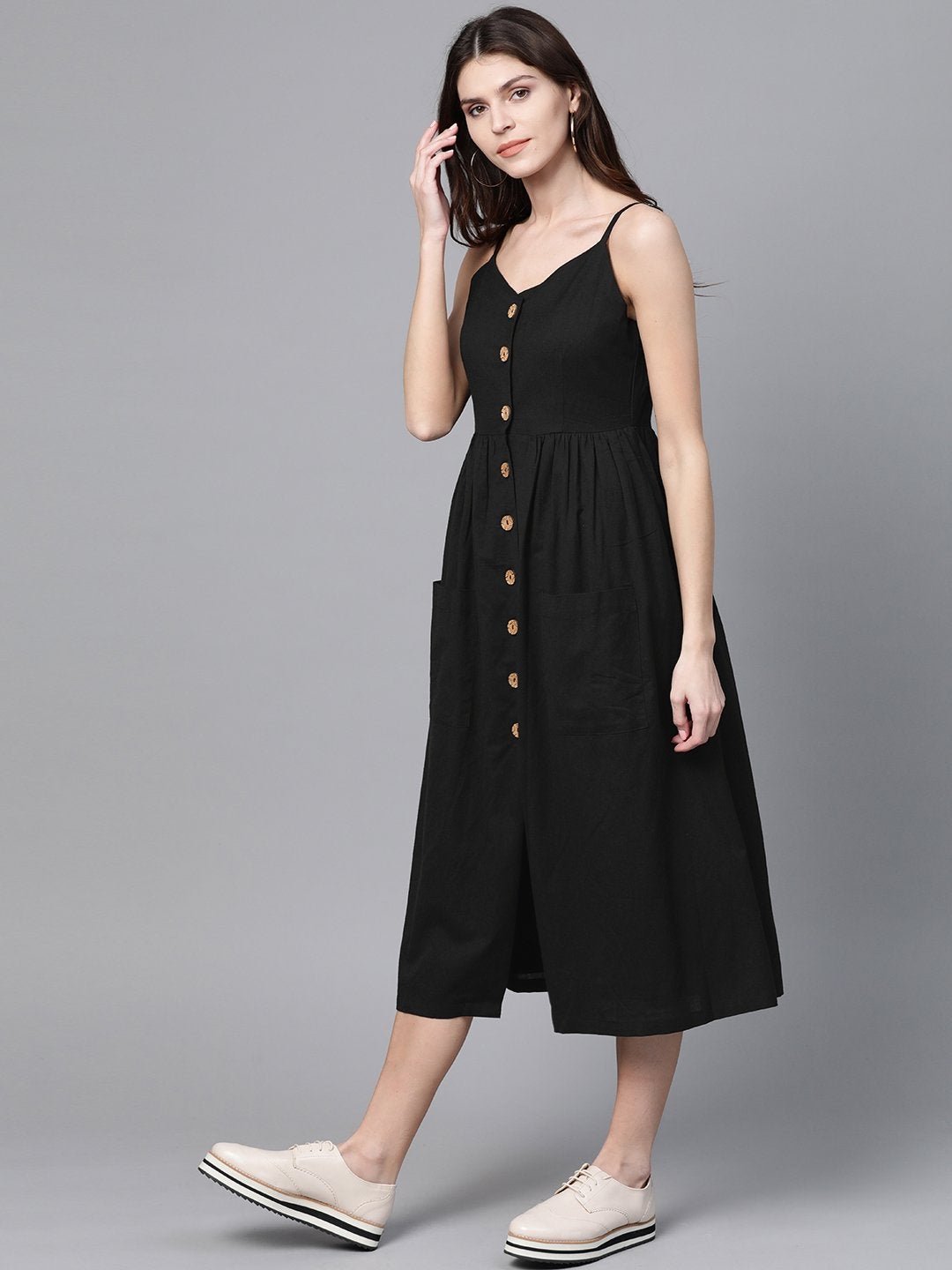 Women's Black Button Strappy Midi