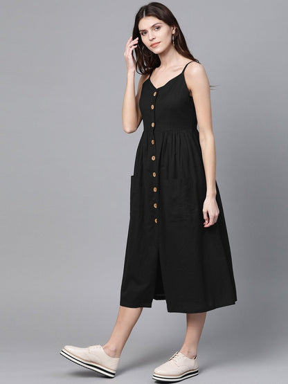 Women's Black Button Strappy Midi