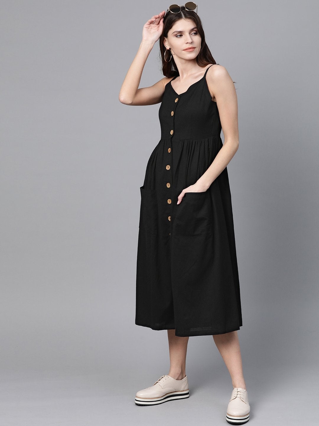 Women's Black Button Strappy Midi
