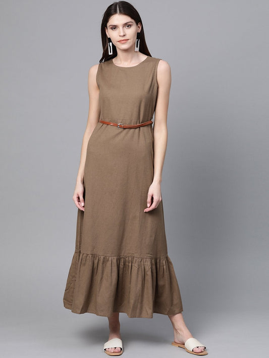 Women's Brown Sleeveless Frill Hem Belted Midi
