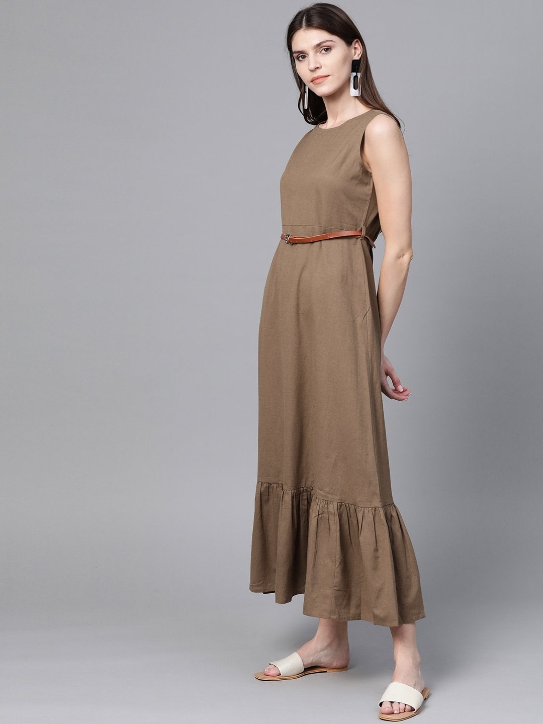 Women's Brown Sleeveless Frill Hem Belted Midi