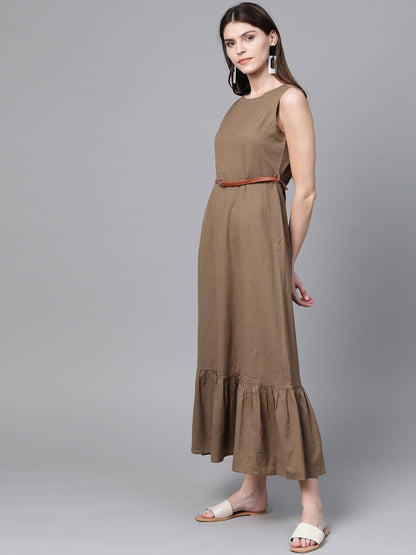 Women's Brown Sleeveless Frill Hem Belted Midi