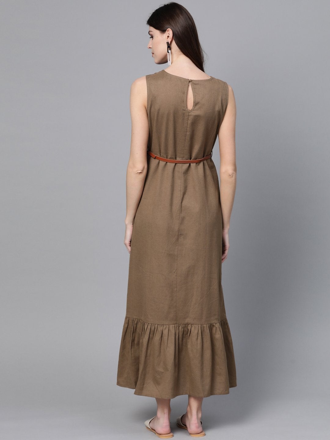 Women's Brown Sleeveless Frill Hem Belted Midi