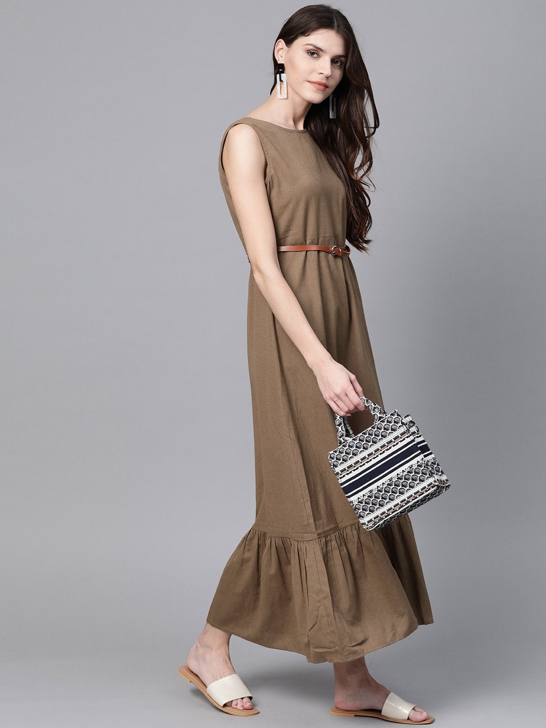 Women's Brown Sleeveless Frill Hem Belted Midi
