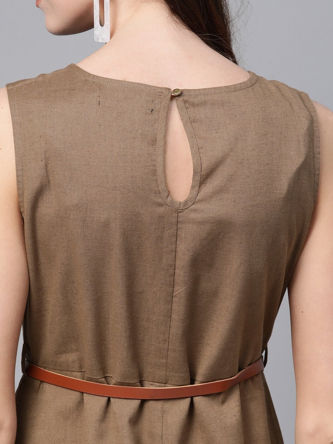 Women's Brown Sleeveless Frill Hem Belted Midi