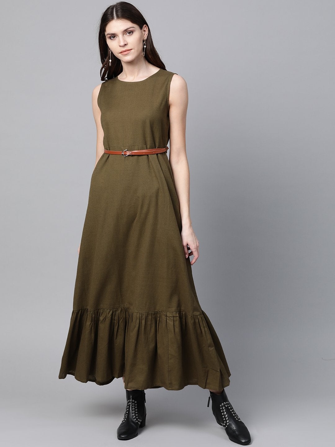 Women's Olive Sleeveless Frill Hem Belted Midi