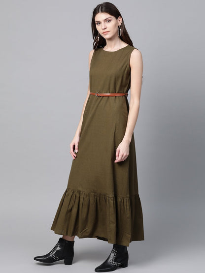Women's Olive Sleeveless Frill Hem Belted Midi