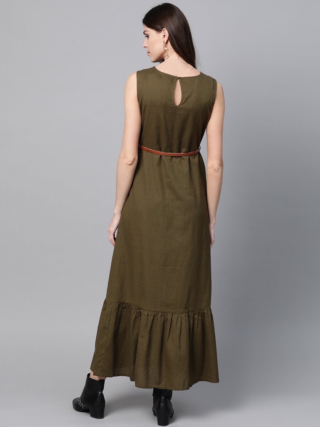 Women's Olive Sleeveless Frill Hem Belted Midi