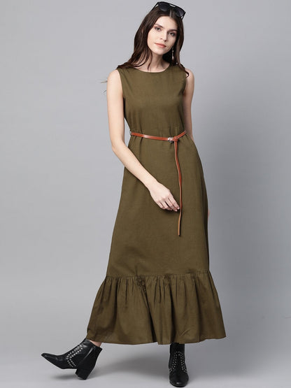 Women's Olive Sleeveless Frill Hem Belted Midi