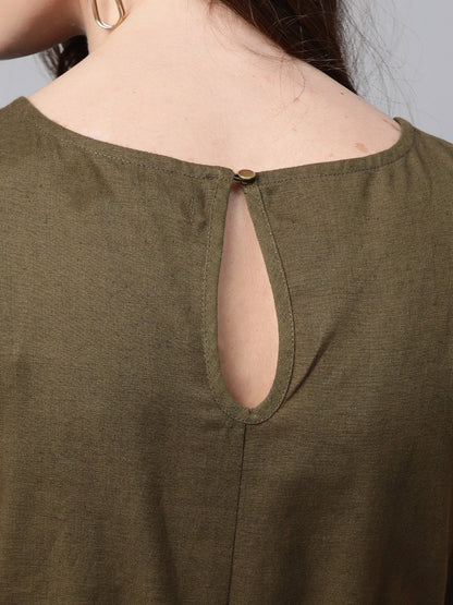 Women's Olive Sleeveless Frill Hem Belted Midi