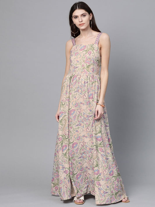 Women's Beige Paisley Strappy Gathered Maxi
