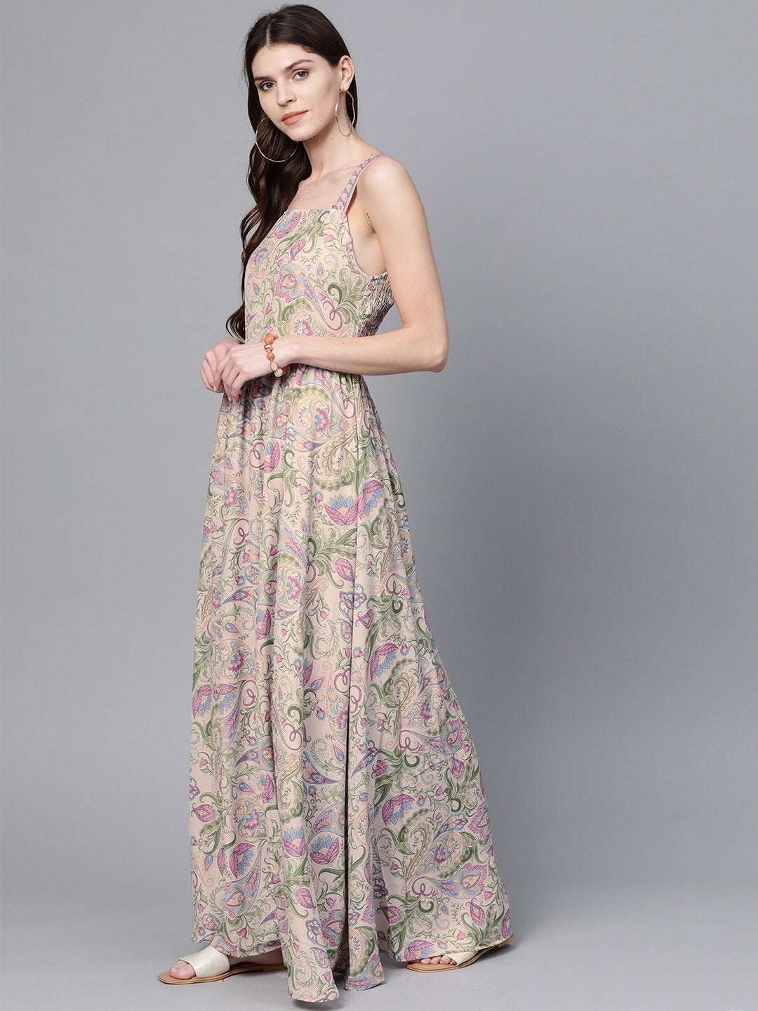 Women's Beige Paisley Strappy Gathered Maxi