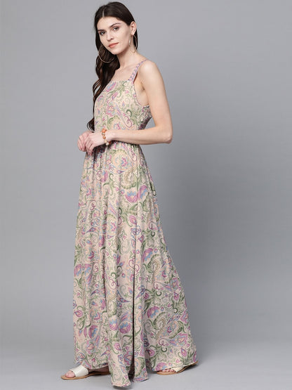Women's Beige Paisley Strappy Gathered Maxi
