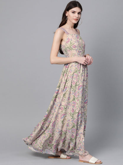 Women's Beige Paisley Strappy Gathered Maxi