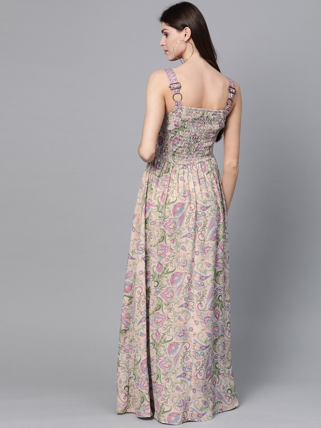 Women's Beige Paisley Strappy Gathered Maxi