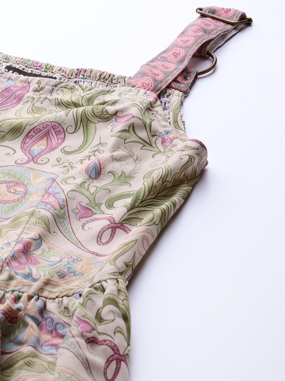Women's Beige Paisley Strappy Gathered Maxi