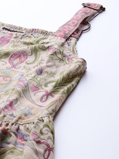 Women's Beige Paisley Strappy Gathered Maxi