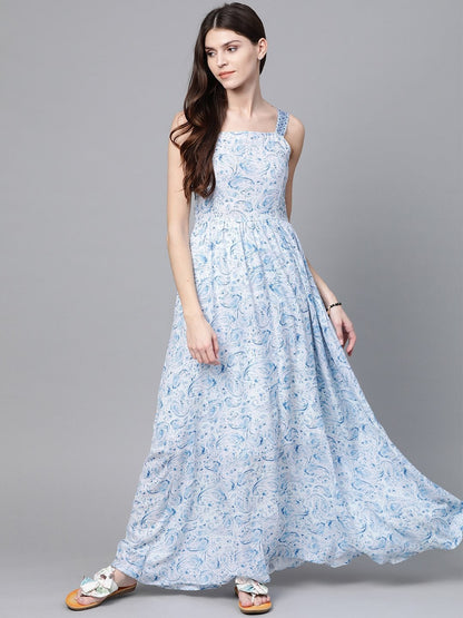 Women's Blue Paisley Strappy Gathered Maxi