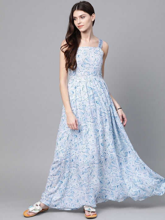 Women's Blue Paisley Strappy Gathered Maxi