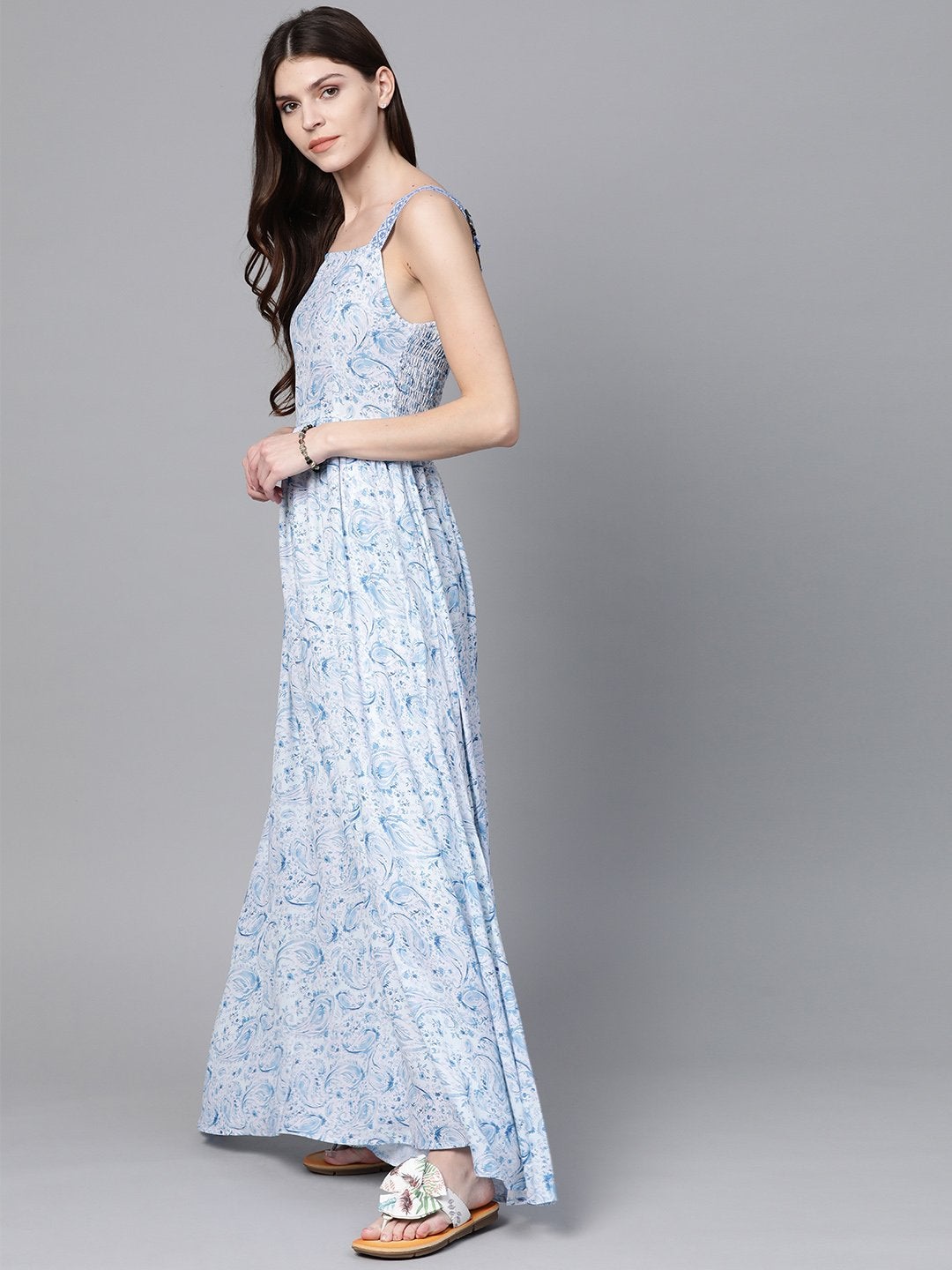 Women's Blue Paisley Strappy Gathered Maxi
