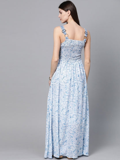 Women's Blue Paisley Strappy Gathered Maxi