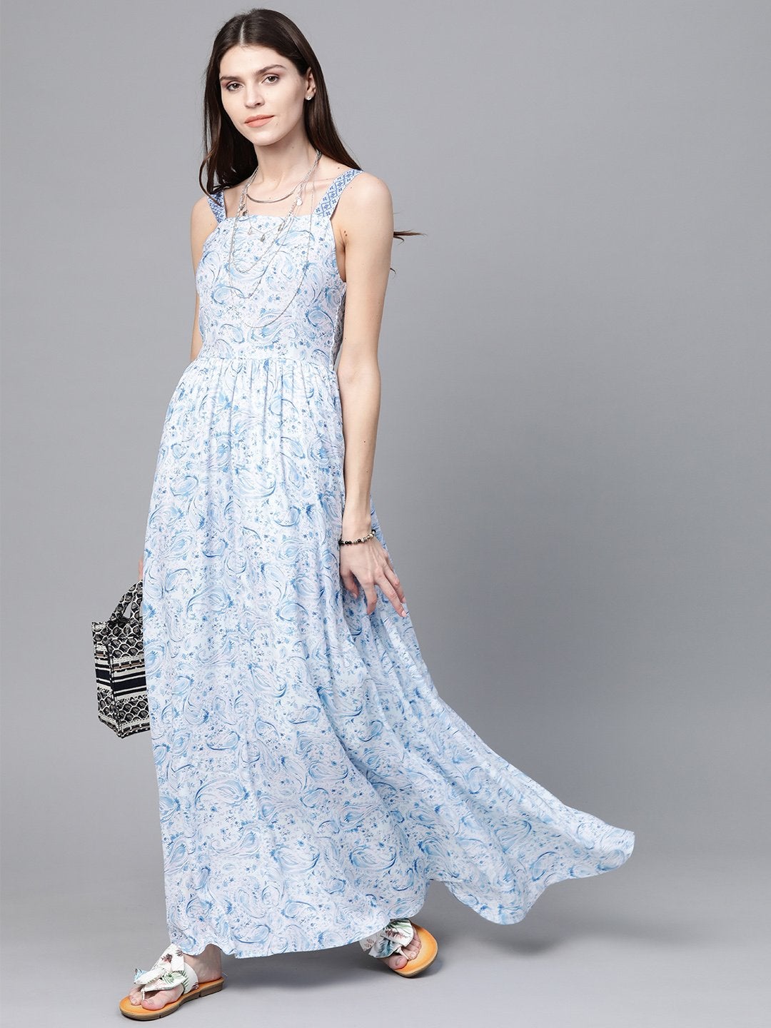 Women's Blue Paisley Strappy Gathered Maxi