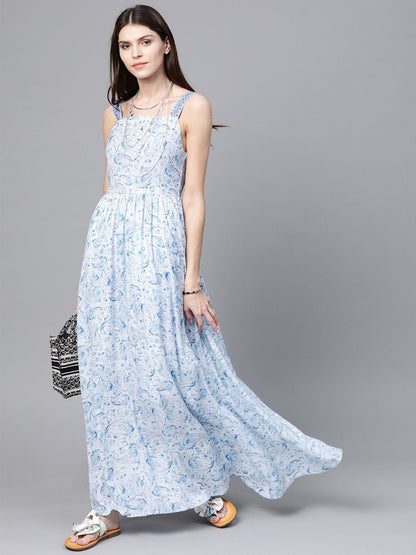 Women's Blue Paisley Strappy Gathered Maxi