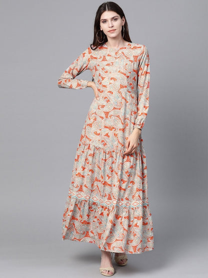 Women's Orange Paisley Tiered Maxi