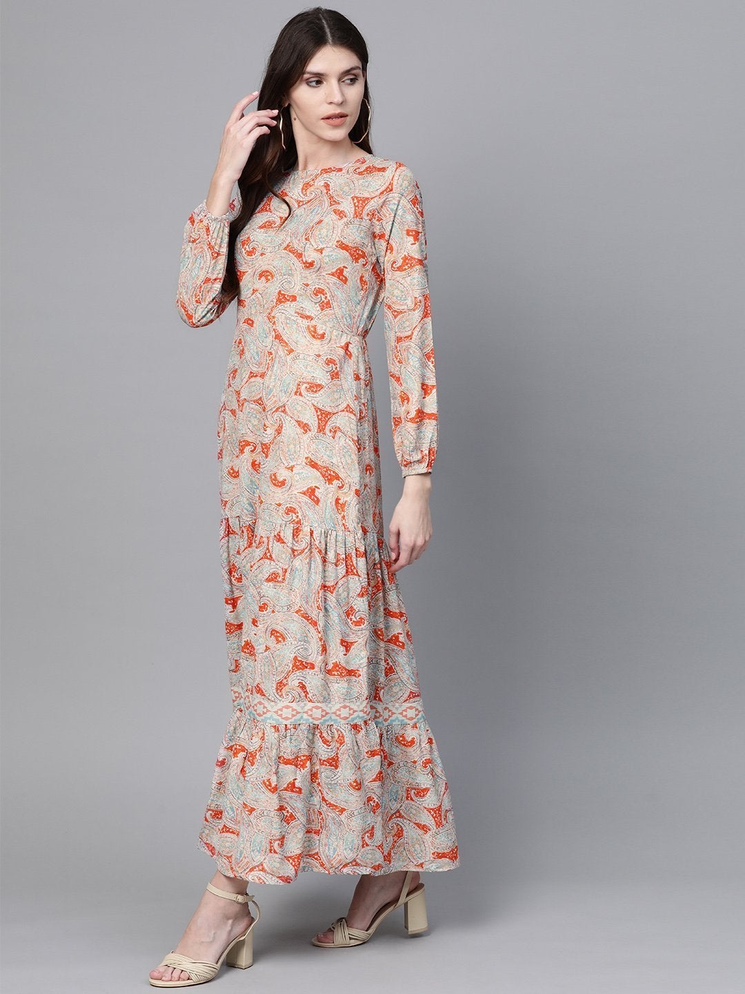 Women's Orange Paisley Tiered Maxi