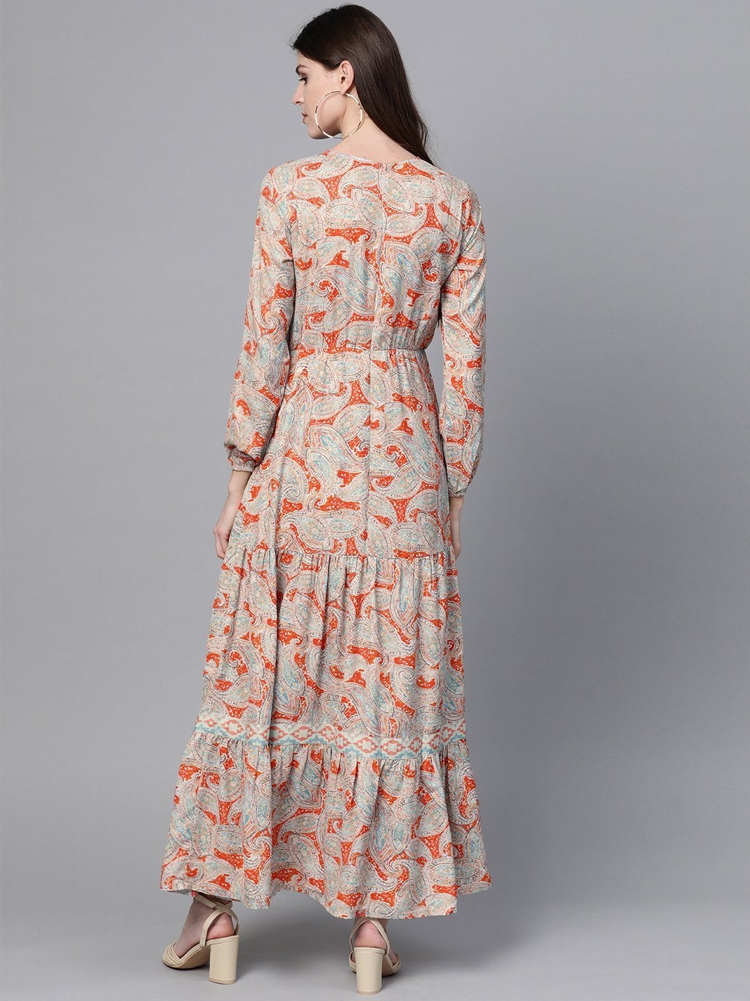 Women's Orange Paisley Tiered Maxi